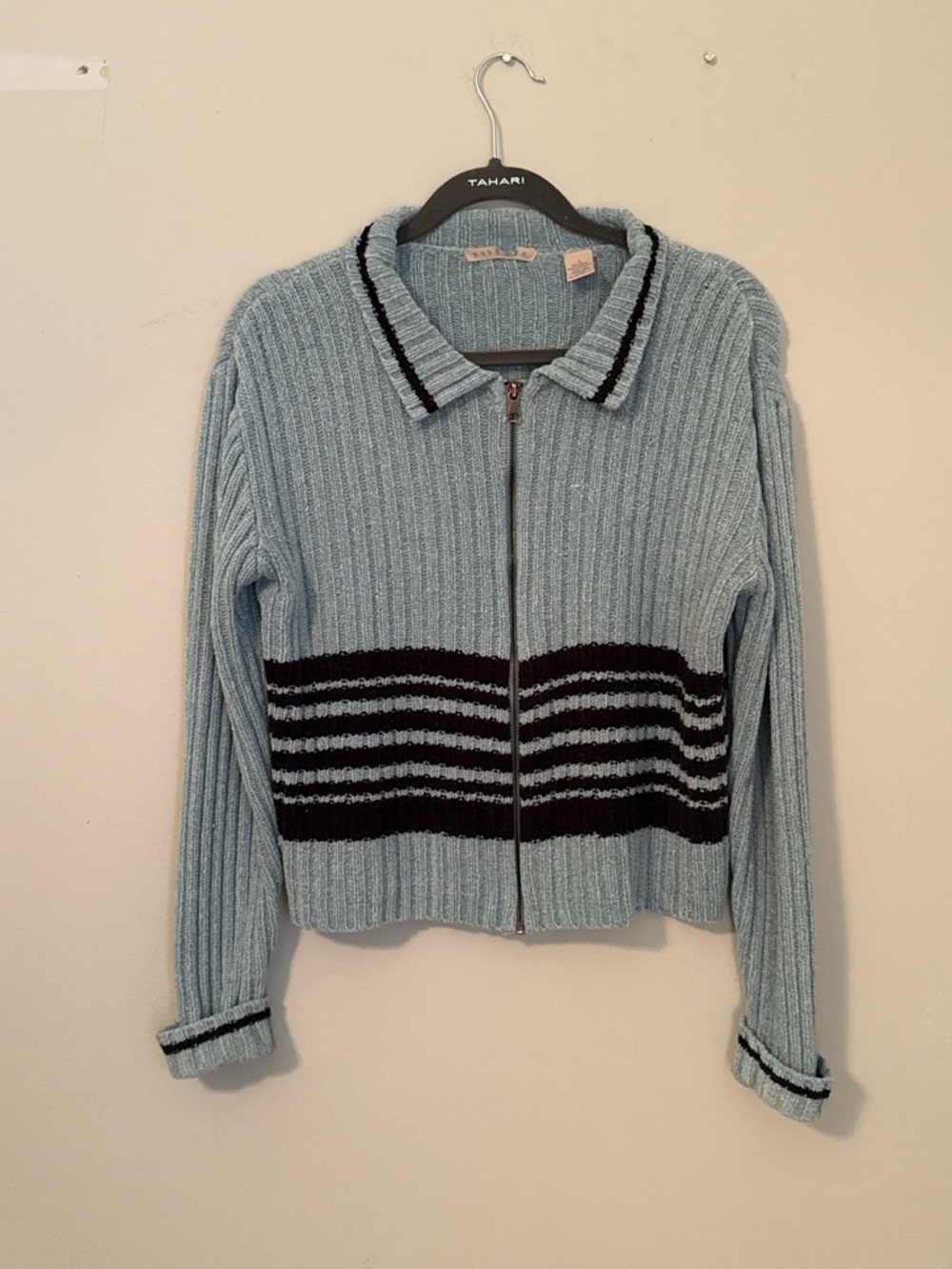 Rubbish Light Blue Ribbed Zip Cardigan with Black Stripes